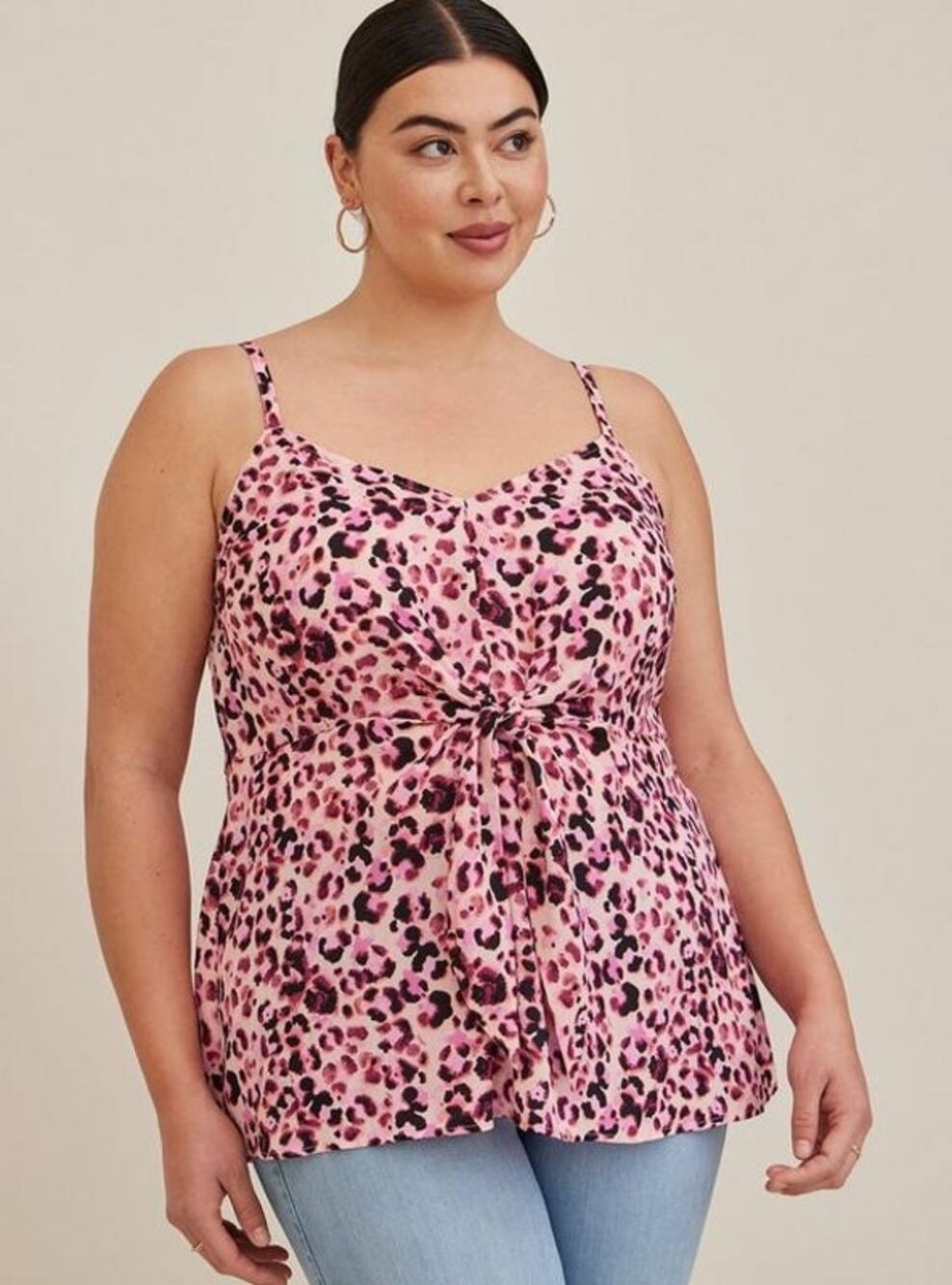 Torrid Women's Plus Size Pink Leopard Peplum Tie-Front Cami Top - Size 1 (1X)